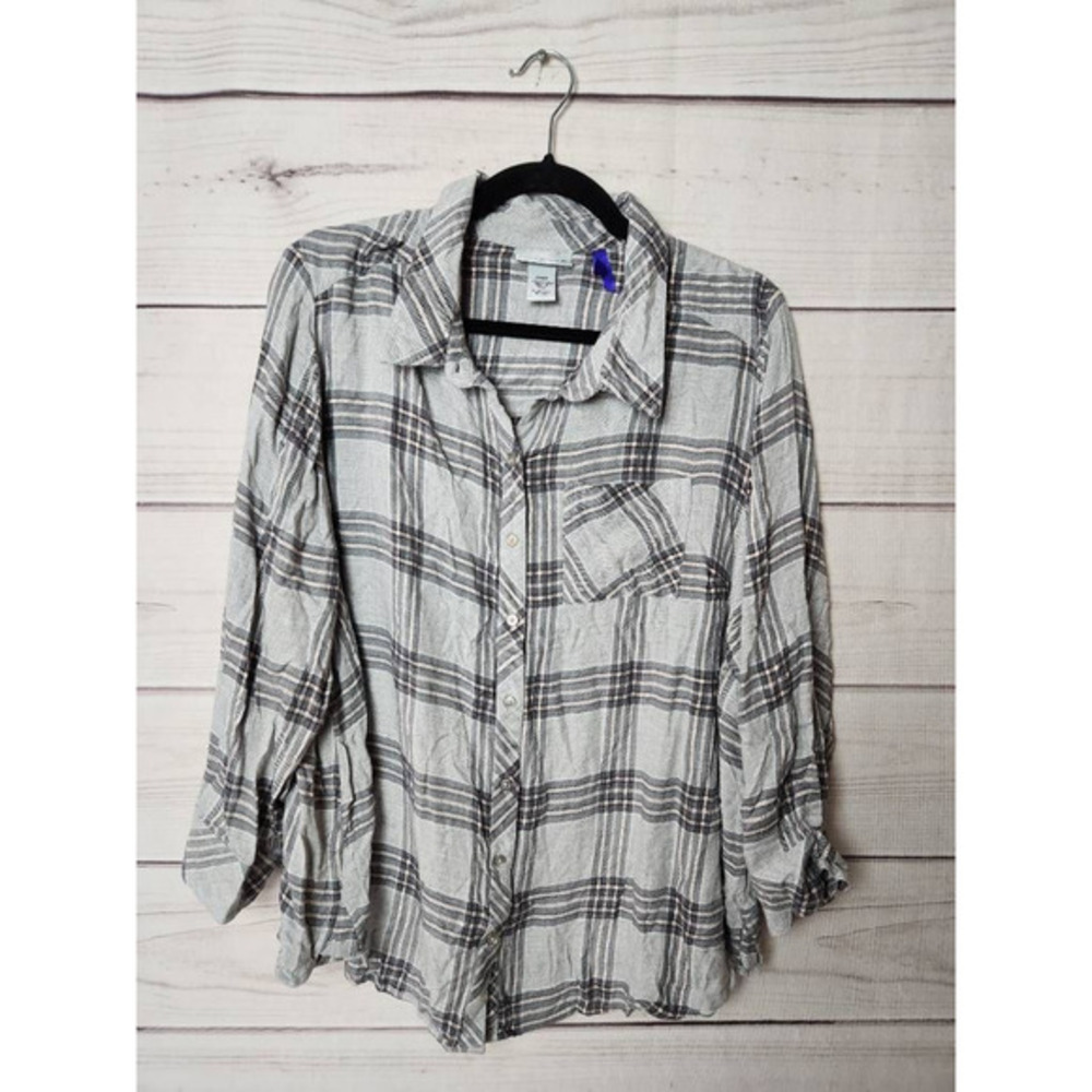 Catherines Womens Button Up Shirt Gray Plaid Long Sleeve‎ Pocket Petites 1XWP